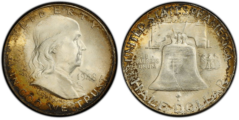 1948-D Franklin Half Dollar — Benjamin Franklin on the obverse, Liberty Bell on the reverse